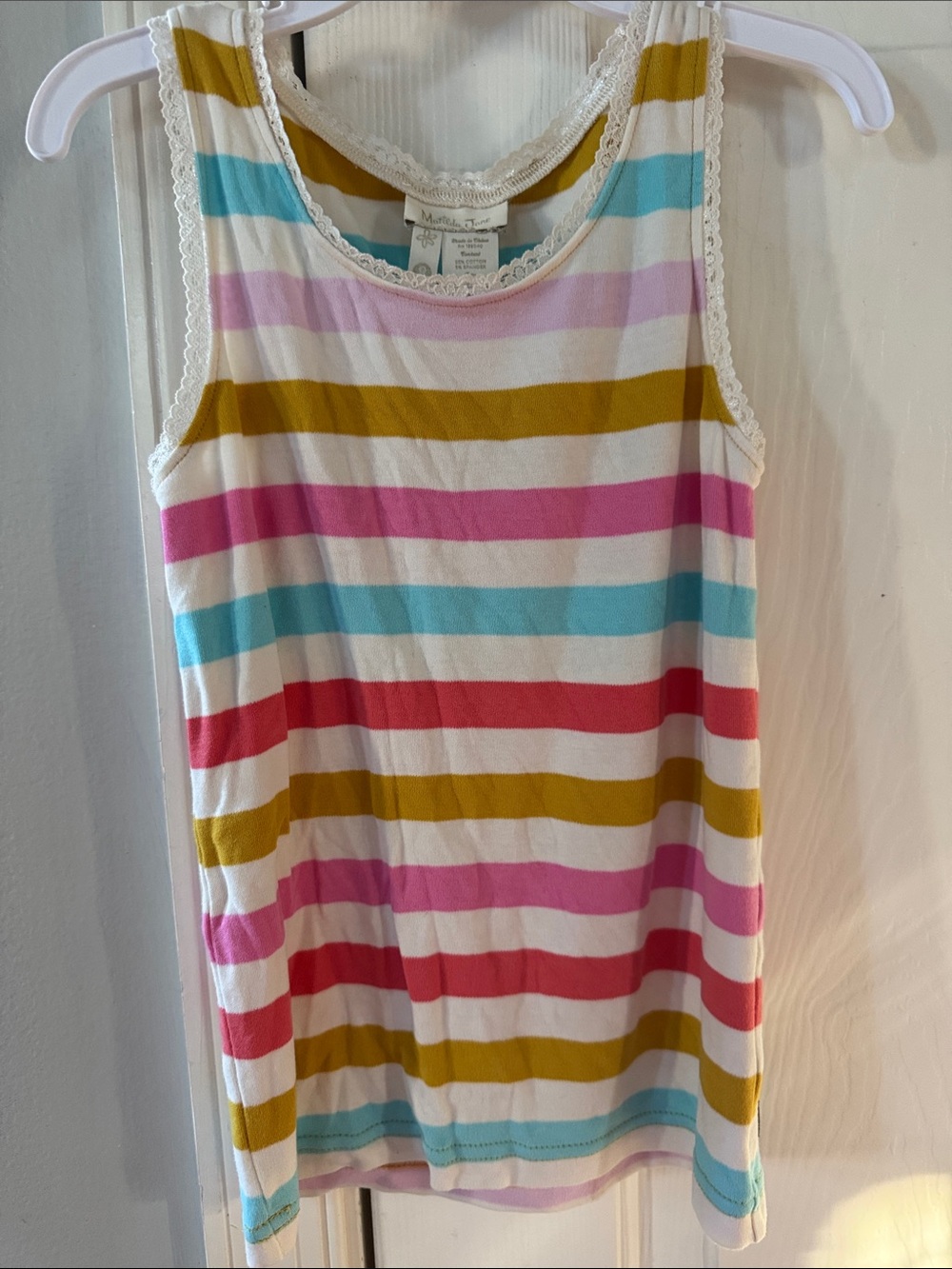 Matilda Jane White, Pink, Blue & Yellow Striped Tank Lace Trim girl’s size 8
